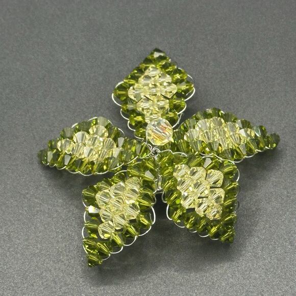 Vintage Crystal Beaded Flower Brooch Pin Designer Style Green AB Crystal - Picture 1 of 4